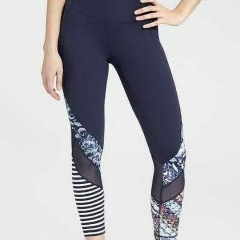 Athleta Navy Blue Patterned Leggings with Mesh Panels
